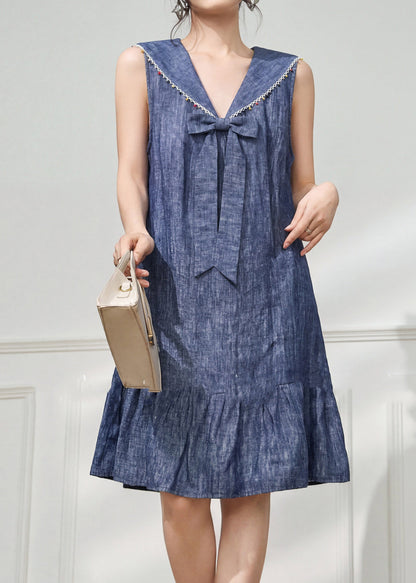 Blue Bow Linen Maxi Dresses Sleeveless
