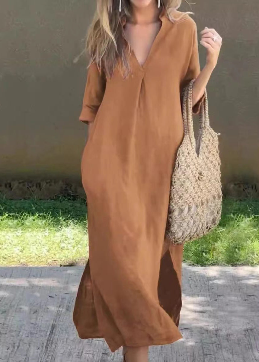Loose Red V Neck Side Open Linen Holiday Dress Half Sleeve Summer