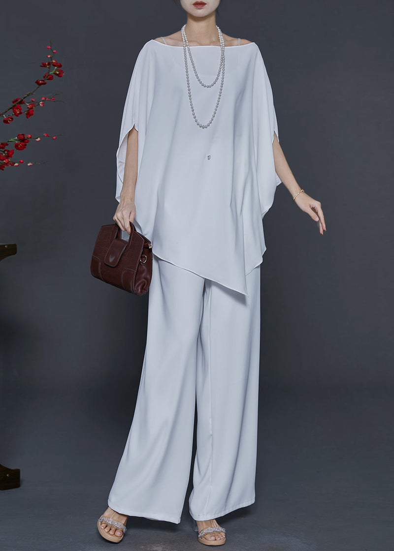 White Asymmetrical Chiffon Two Piece Suit Set Batwing Sleeve
