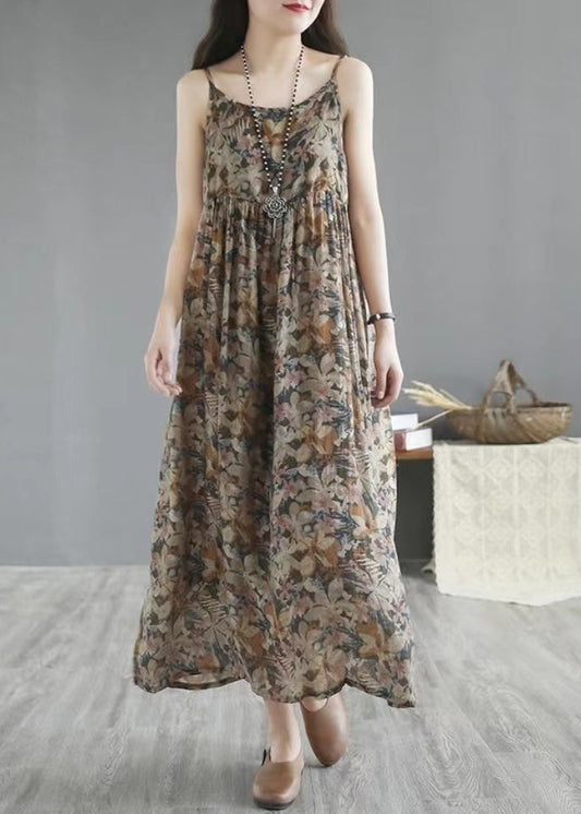 Khaki Print Wrinkled Linen Spaghetti Strap Dress Sleeveless