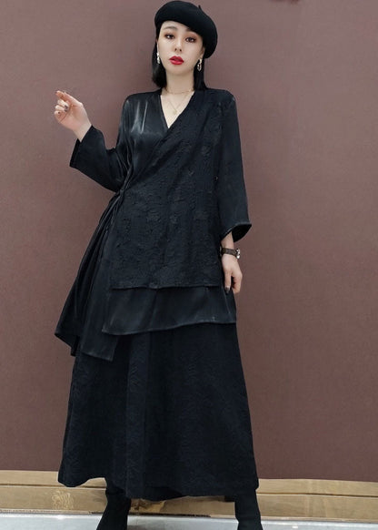 French Black Tie Waist V Neck Print Tops Wide Leg Pants Two Piece Outfit Spring