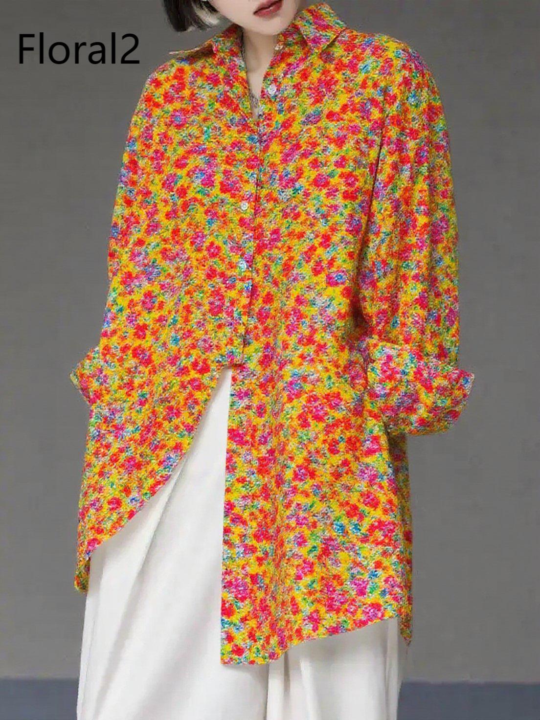 Unique Floral4 Asymmetrical Design Side Open Cotton Long Shirts Spring