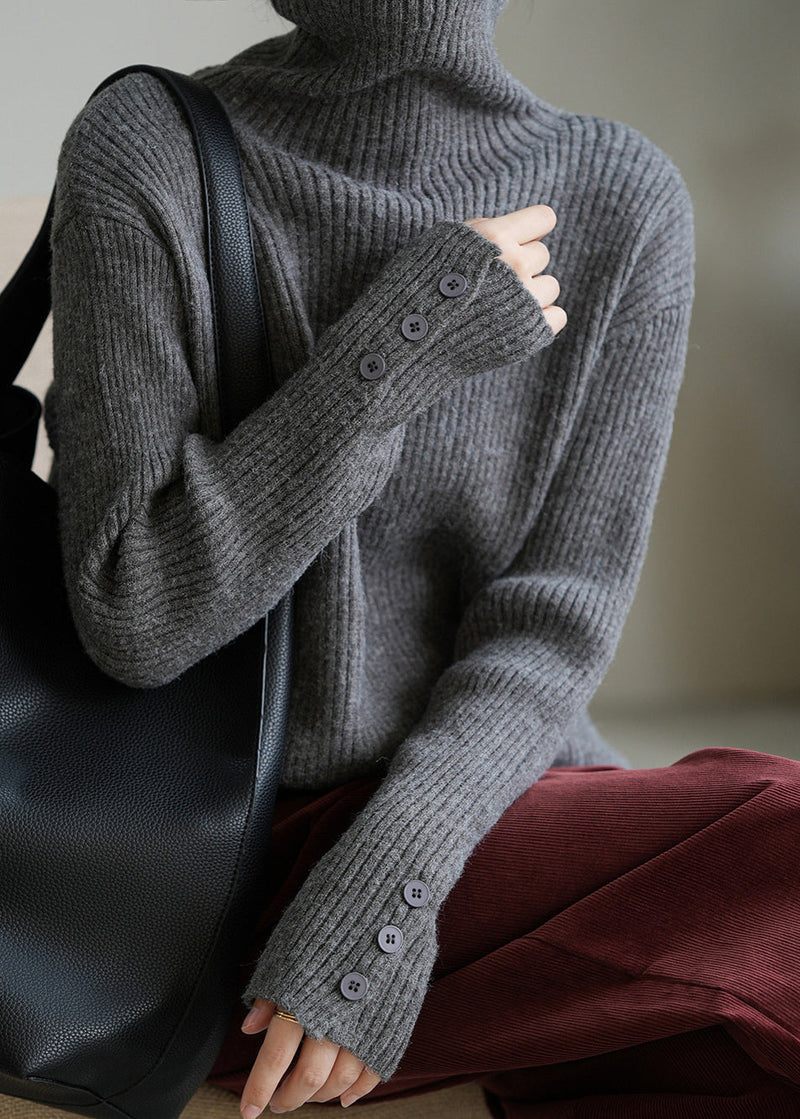 Boutique Camel Hign Neck Button Thick Knit Sweaters Fall