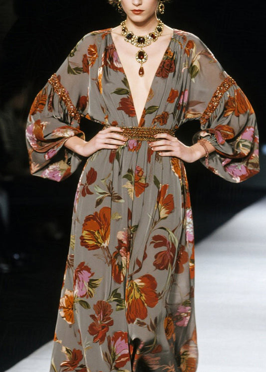 New V Neck Print Cotton Long Dress Fall