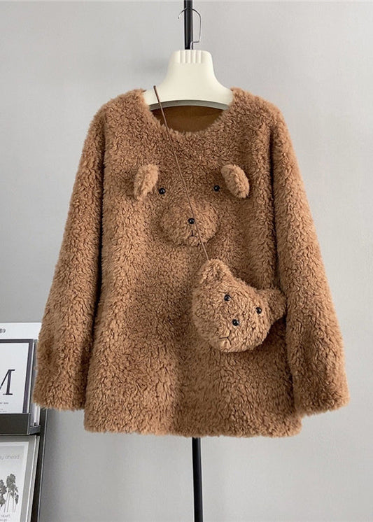 Coffee O Neck Wool Loose Teddy Bear Winter Pullover