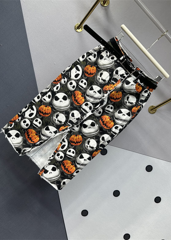 Print High Waist Side Open Denim Skirt Fall