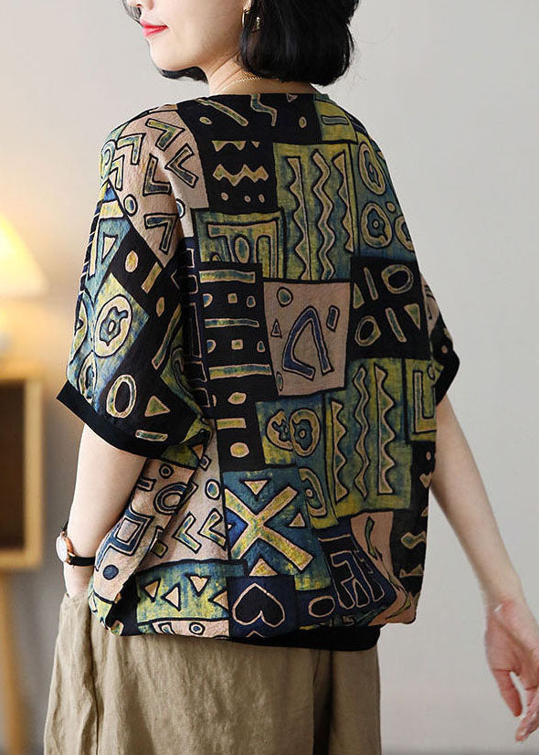 Green V Neck Geometric Print Linen Tanks Short Sleeve