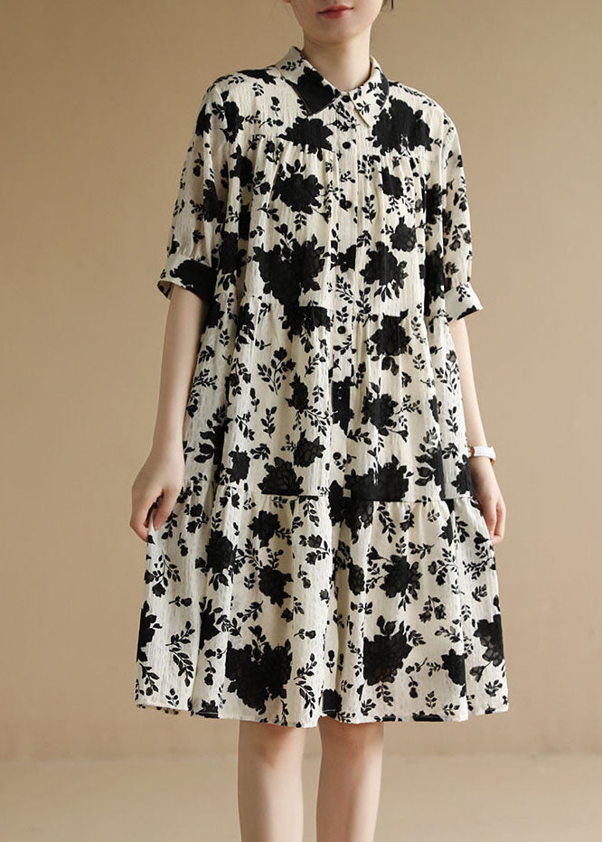 Classy Beige Peter Pan Collar Wrinkled Black Party Dress Short Sleeve