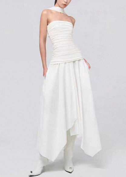 White Wrinkled Cotton Long Dresses Asymmetrical Summer