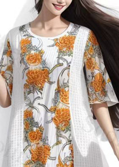 Organic Yellow O-neck Print Silk Long Dress Summer