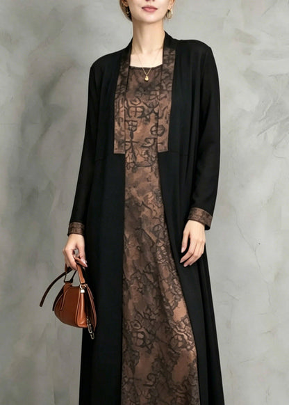 Patchwork Print Waistcoat and Long Dress Two Pieces Set Fall