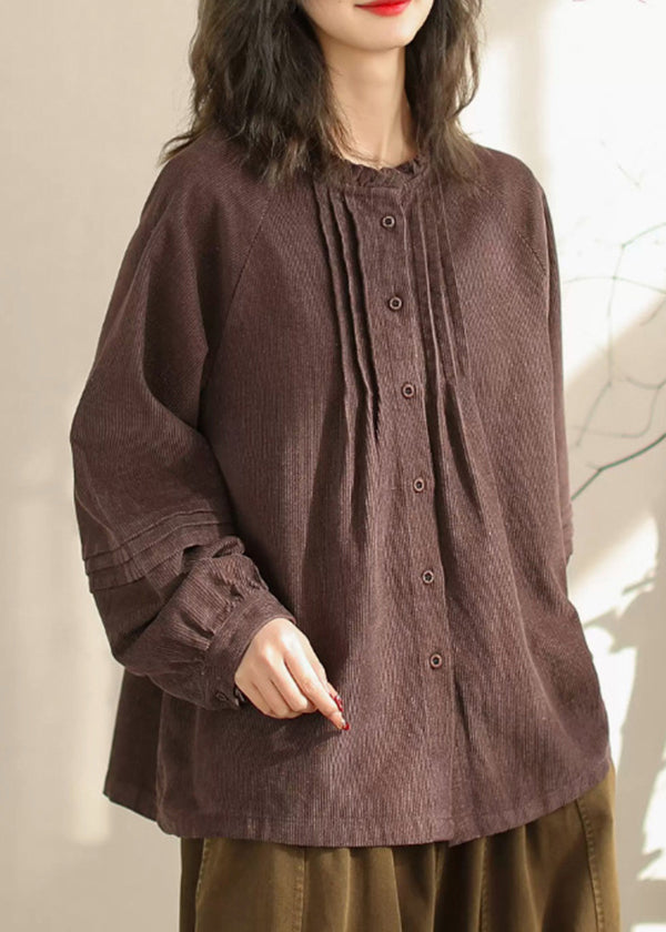Beige Button Wrinkled Corduroy Blouses Spring