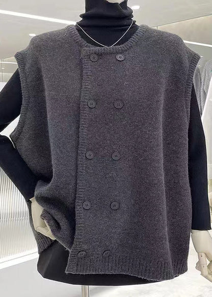 Grey O Neck Double Breast Patchwork Knit Vest Sleeveless