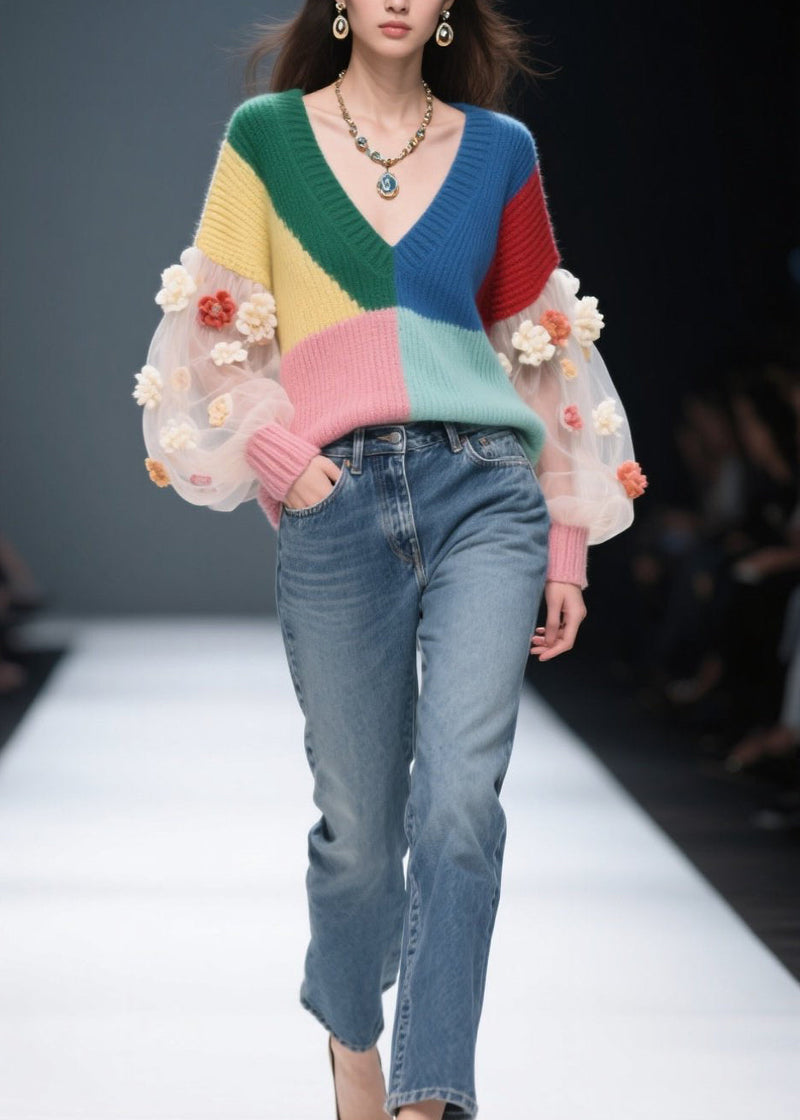 Diy Colorblock V Neck Tulle Patchwork Knit Sweater Fall