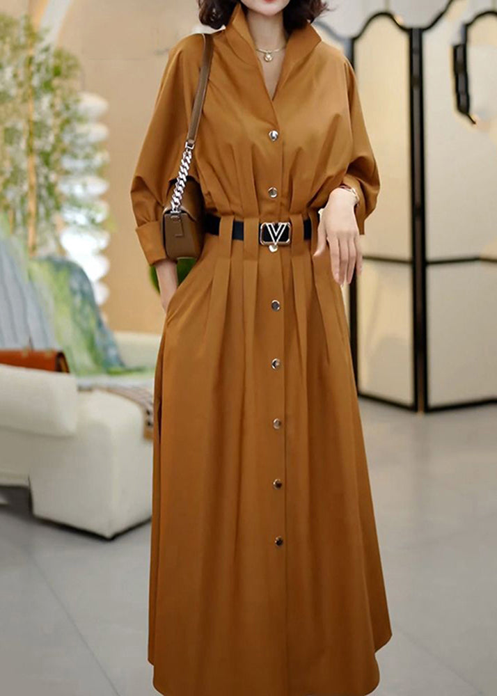 Classy Coffee Peter Pan Collar Sashes Wrinkled Cotton Dresses Fall