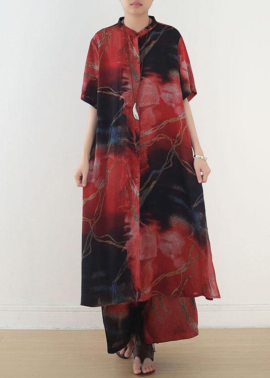 Classy Red Print Chiffon Short Sleeve Top Pant Two Pieces Set
