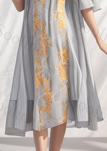 Loose Grey Oversized Print Silk Long Dresses Flare Sleeve