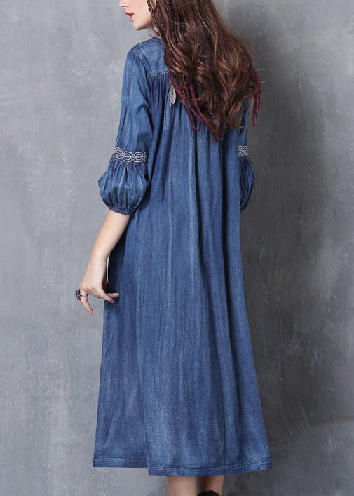 Blue V Neck Embroideried Cotton Vacation Dresses Lantern Sleeve