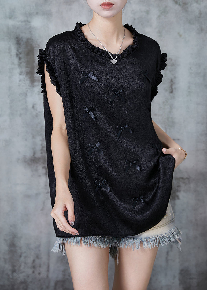 Black Ruffled Bow Silk Tank Summer