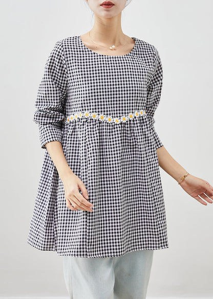 Grey Plaid Cotton Blouse a Line Tops Daisy Fall