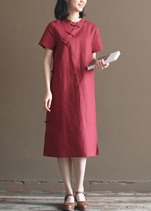 Mulberry Mandarin Collar Oriental Button Side Open Cotton Linen Dresses Short Sleeve