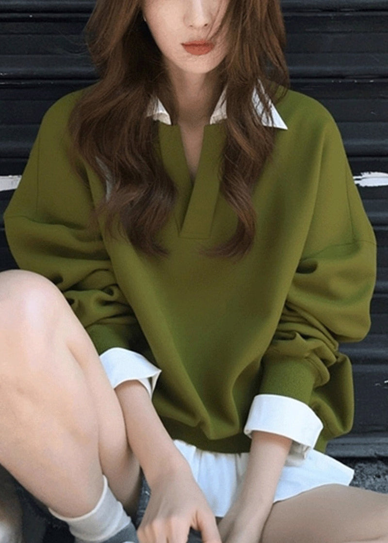 New Green Peter Pan Collar False Two Pieces Patchwork Cotton Fall