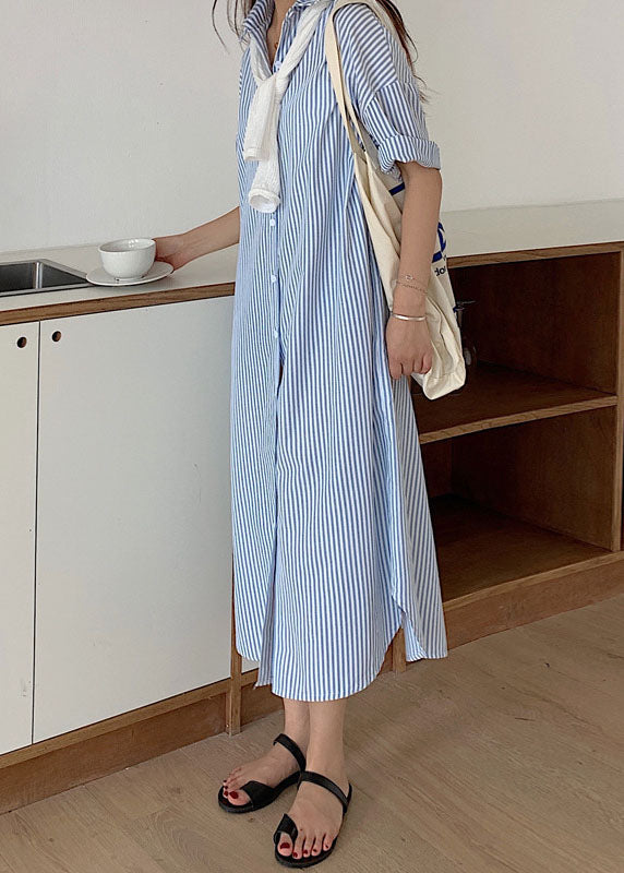 Simple Blue Striped Long Shirts Cotton Dress Short Sleeve