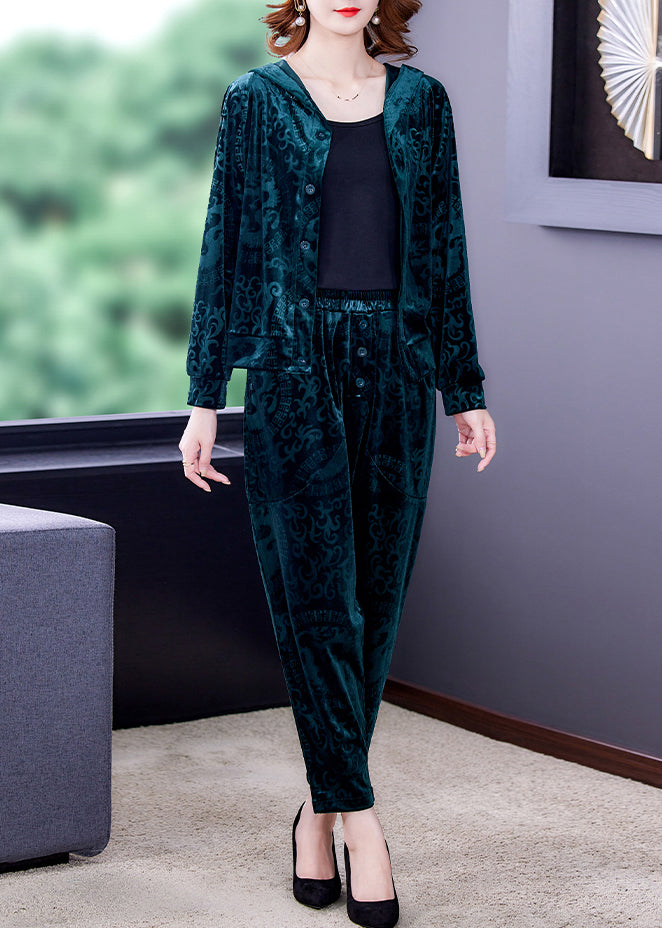 Green Zip Up Silk Velour Coats and Harem Pants Two Pieces Set Long Sleeve Spring