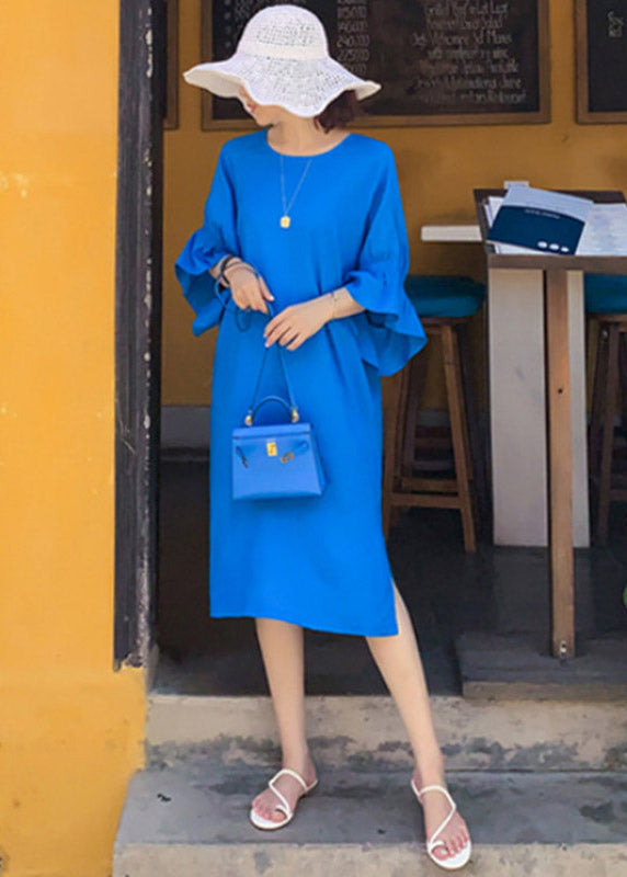 Blue O-neck Long Dresses Flare Sleeve
