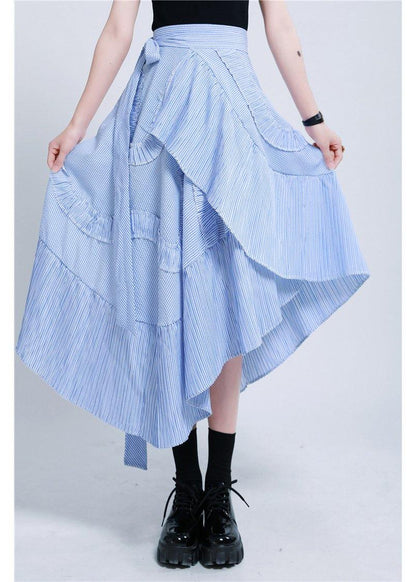 Boutique Blue Striped Tie Waist Ruffled Skirt Summer