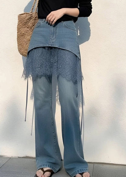New Blue High Waist Lace Patchwork Straight Jeans Summer