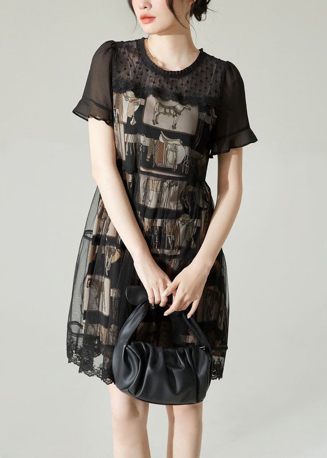 Black O-neck Patchwork Tulle Mid Dress Summer