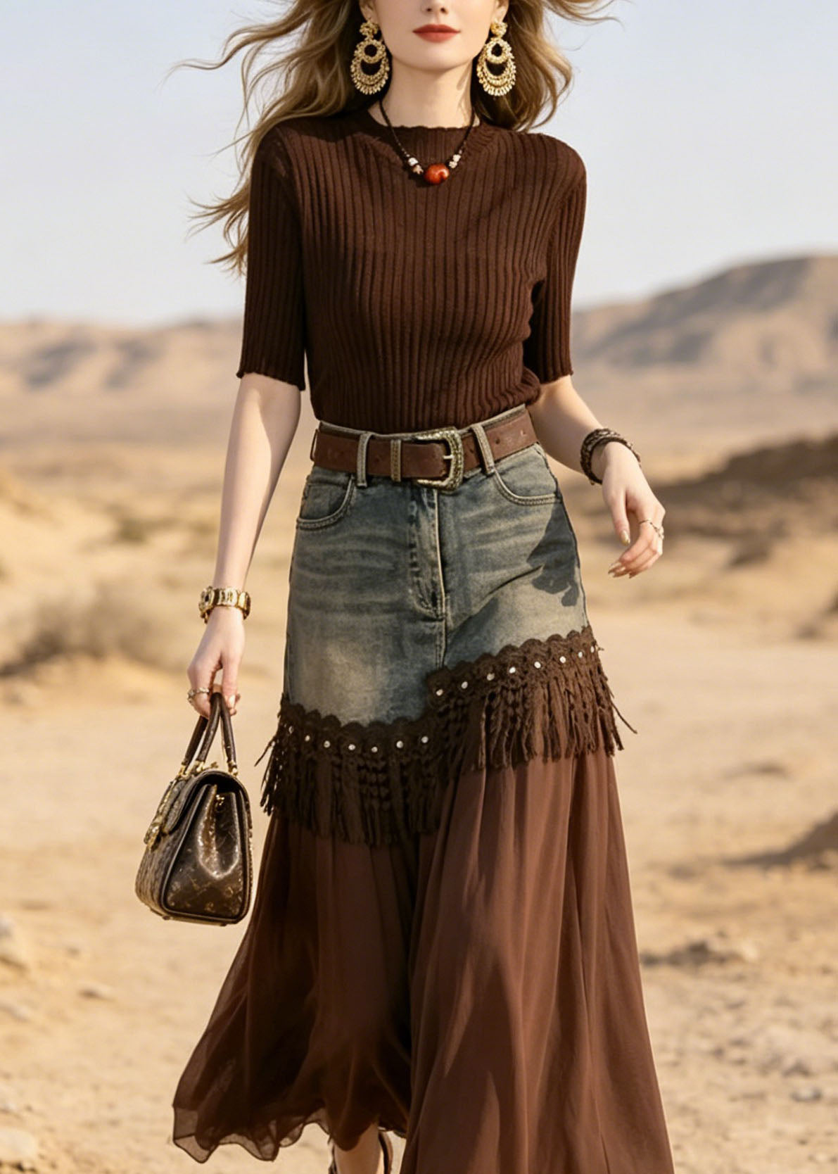 Coffee Ice Silk Knit Top and Lace Tassel Skirts Two Pieces Set Summer