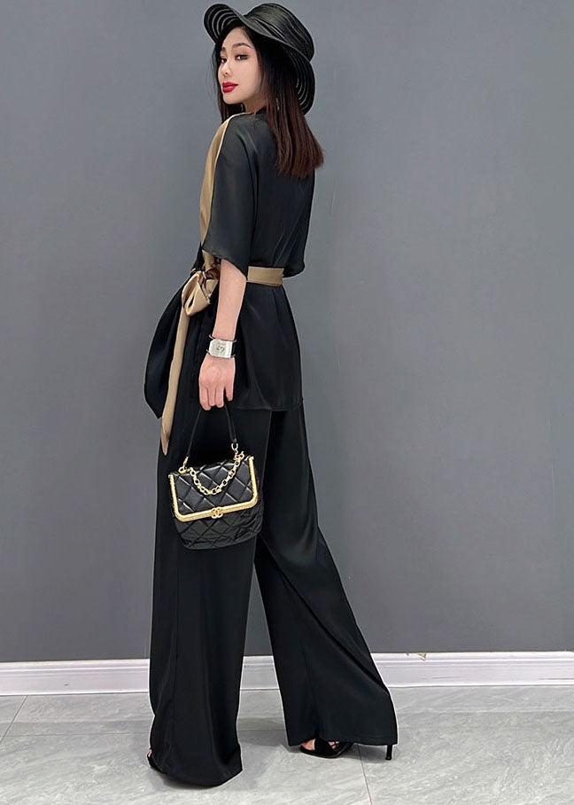 Black Khaki V Neck Asymmetrical Design Patchwork Chiffon Two Piece Suit Set Summer