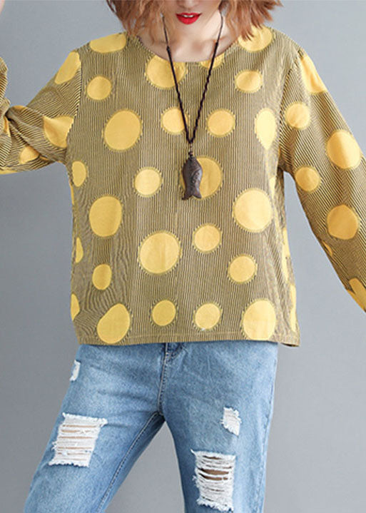 Yellow O-neck Oversized Dot Print Cotton Tops Spring