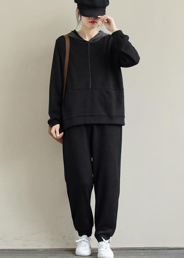 Loose Black Color Matching Hoodie and Elastic Pants Suit