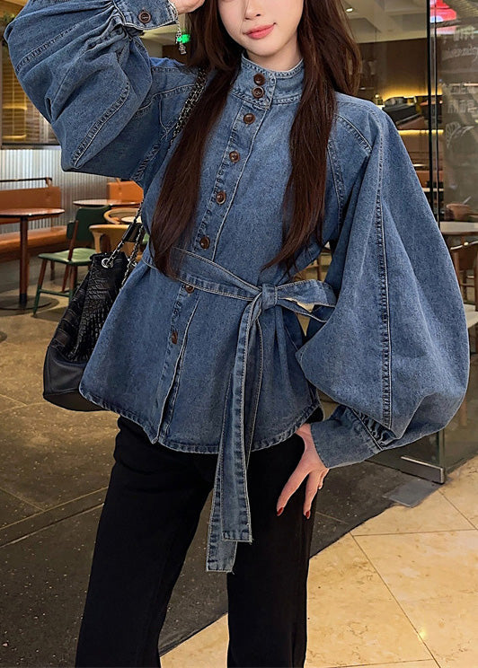 Blue Button Tie Waist Denim Shirt Lantern Sleeve
