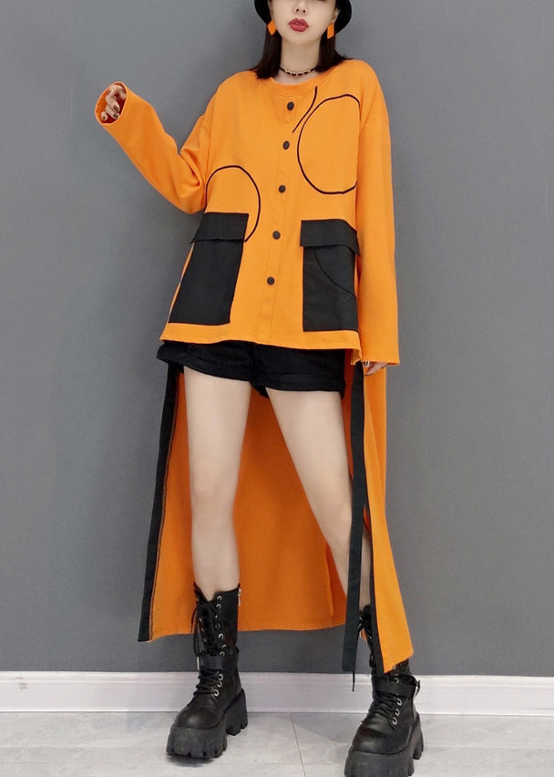 Yellow O Neck Low High Design Patchwork Cotton Dress Fall