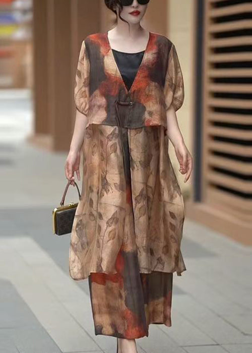 Art Khaki Button Print Tops and Crop Pants Silk Two Piece Suit Summer