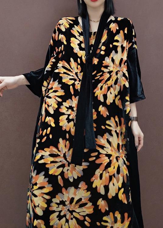 Natural V Neck Patchwork Spring Tunics for Fabrics Black Print Kaftan Dress