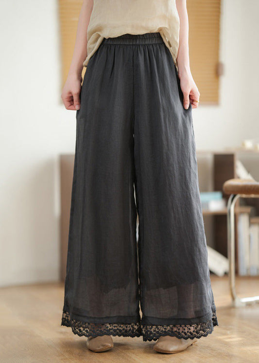 New Black Lace Patchwork Elastic Waist Linen Wide Leg Pants Summer
