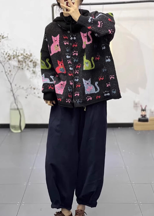 Black Oversized Print Denim Knit Jackets Spring