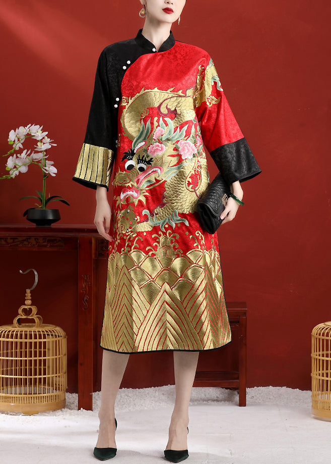 Black Patchwork Red Stand Collar Embroideried Side Open Button Silk Maxi Dresses Long Sleeve