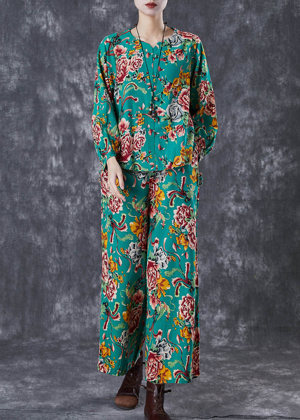 Green Print Chinese Button Linen Two Piece Set Fall