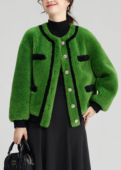 Green Button Pockets Fuzzy Fur Fluffy Coats Long Sleeve