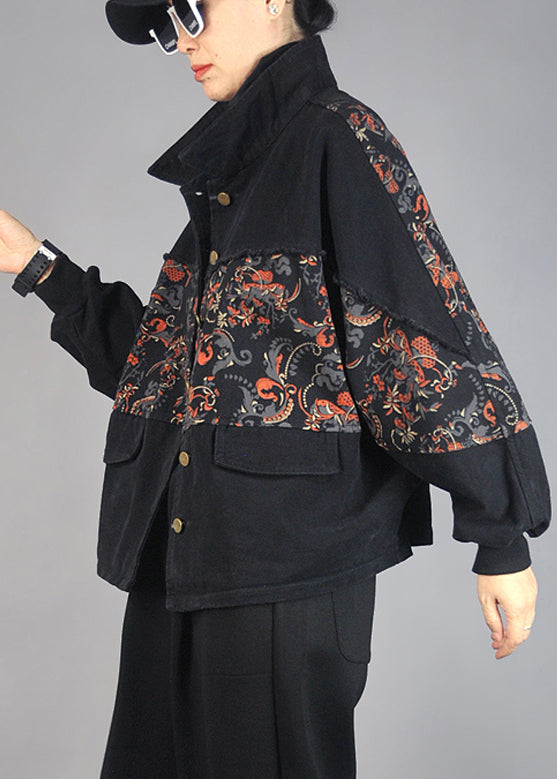 Black Oversized Patchwork Print Denim Jacket Spring