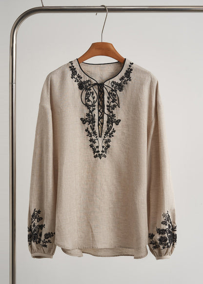 Beige Embroidered Linen Sets 2 Pieces Fall