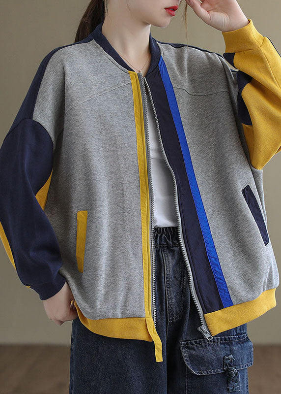 Loose Rose Zippered Patchwork Pockets Spring Long Sleeve Coat