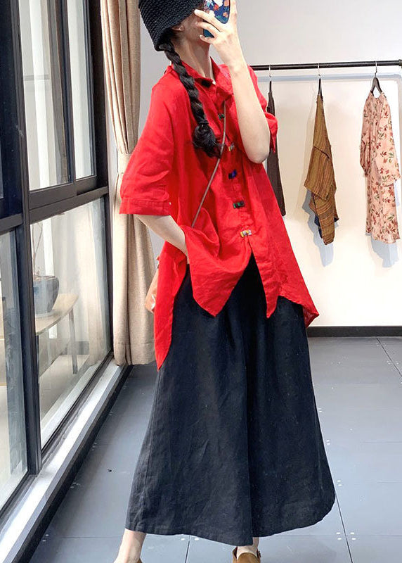 Red Chinese Button Low High Design Linen Shirt Tops Summer