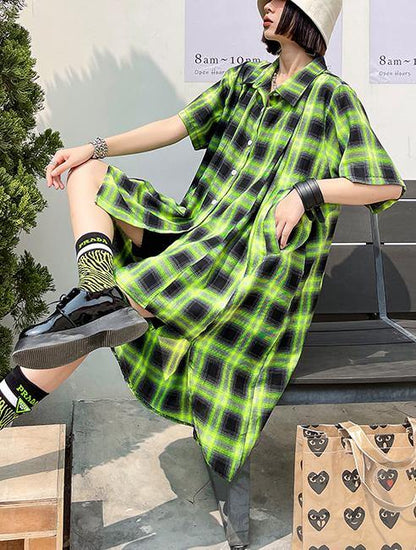 Green Plaid Cotton Buttonlow High Design Summer Maxi Dresses